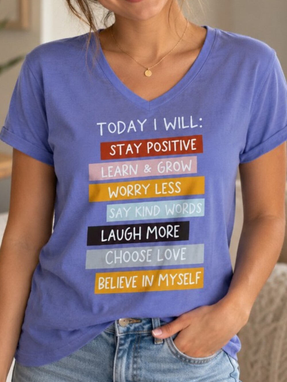 Women’s V-Neck Lavender Positive Message Tee Today I Will Size L 🎁